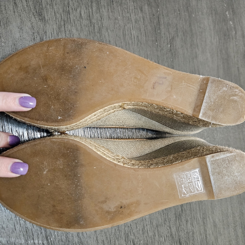 Tory Burch 6.5 Majorca Espadrille Wedge Heel Peep Toe Metallic Tan Brown Shoe - Picture 7 of 10